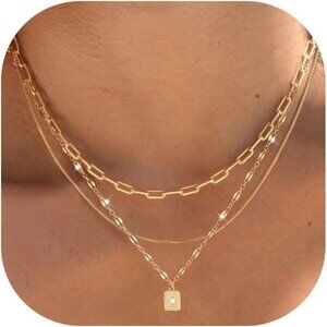Women's Trendy 3 Pcs 14K Gold Plated Choker Paperclip Box Chain Necklace